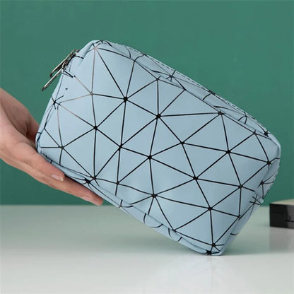 Diamond Pattern Portable Travel Zipper Toiletry Bag PU Leather Cosmetic Storage Bag
