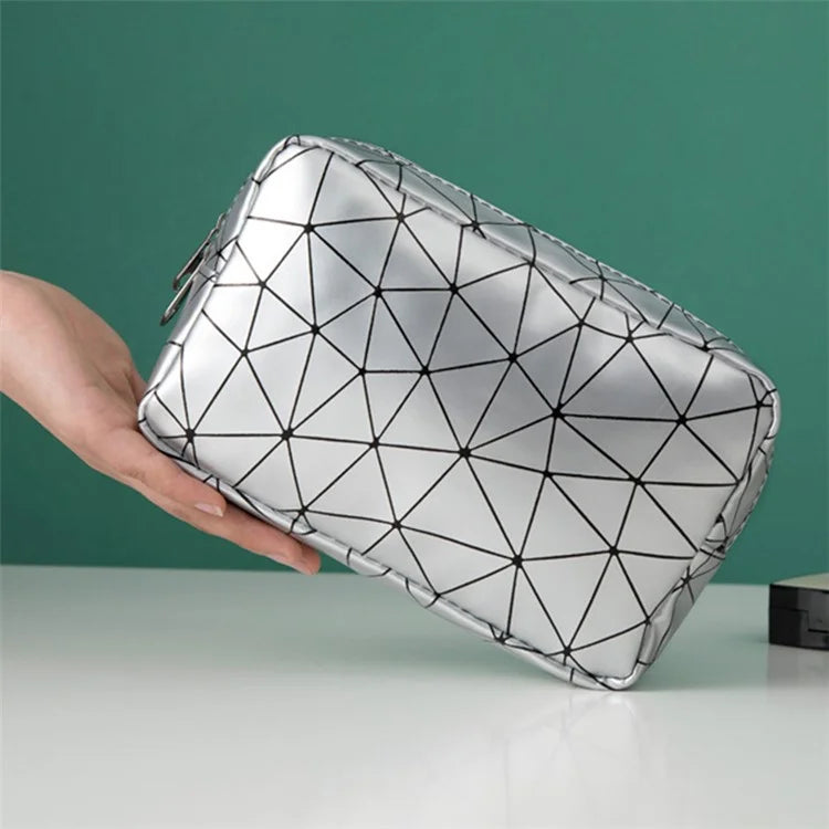 Diamond Pattern Portable Travel Zipper Toiletry Bag PU Leather Cosmetic Storage Bag