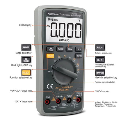KAEMEASU KM-DM03A High Precision Digital Multimeter 6000 Count Display AC / DC Smart Tester, without Battery