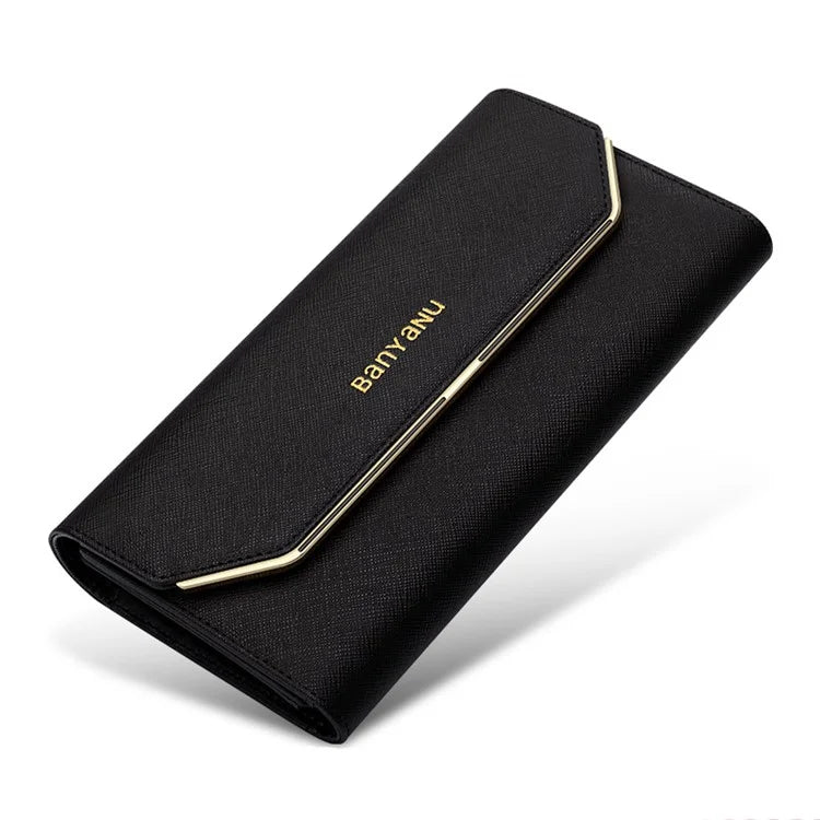 BANYANU BYN-1655 Second-layer Cowhide Women Wallet Cross Texture Long Purse