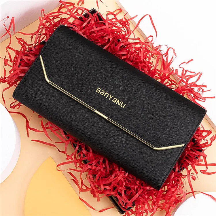BANYANU BYN-1655 Second-layer Cowhide Women Wallet Cross Texture Long Purse