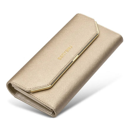 BANYANU BYN-1655 Second-layer Cowhide Women Wallet Cross Texture Long Purse