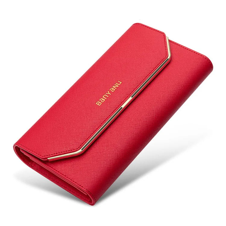 BANYANU BYN-1655 Second-layer Cowhide Women Wallet Cross Texture Long Purse