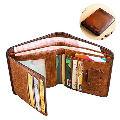 BANYANU N2011 Cowhide Men Tri-fold Short Wallet Cards Cash Holder