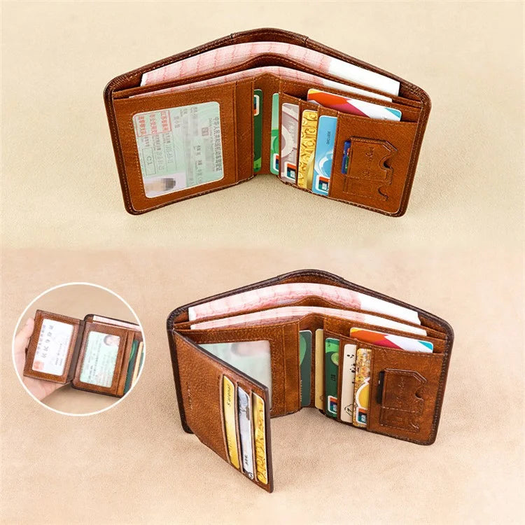 BANYANU N2011 Cowhide Men Tri-fold Short Wallet Cards Cash Holder