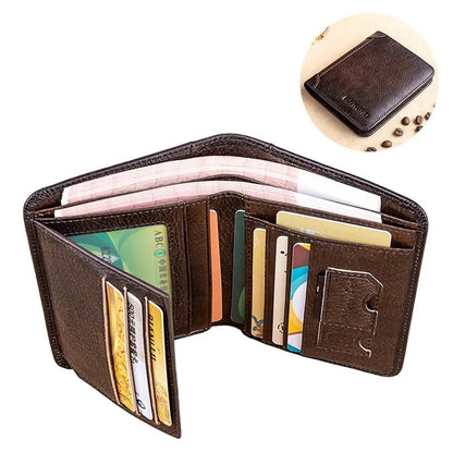 BANYANU N2011 Cowhide Men Tri-fold Short Wallet Cards Cash Holder