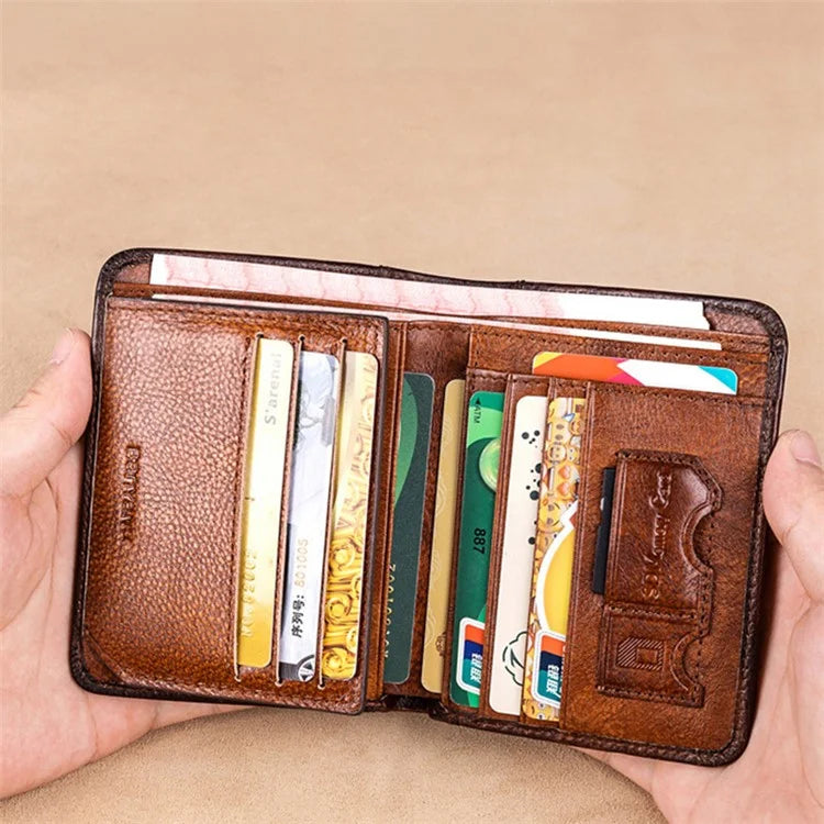BANYANU N2011 Cowhide Men Tri-fold Short Wallet Cards Cash Holder