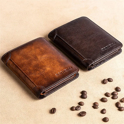 BANYANU N2011 Cowhide Men Tri-fold Short Wallet Cards Cash Holder
