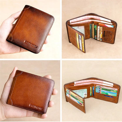BANYANU N2011 Cowhide Men Tri-fold Short Wallet Cards Cash Holder