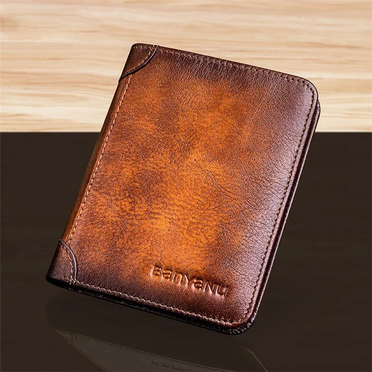 BANYANU N2011 Cowhide Men Tri-fold Short Wallet Cards Cash Holder