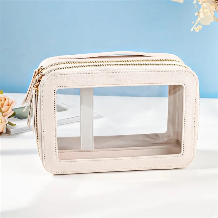 Travel Transparent PVC Double Layer Waterproof PU Leather Cosmetic Bag