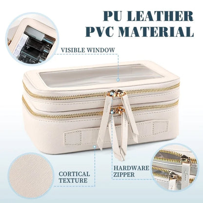 Travel Transparent PVC Double Layer Waterproof PU Leather Cosmetic Bag