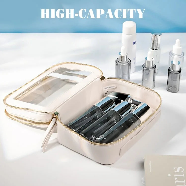 Travel Transparent PVC Double Layer Waterproof PU Leather Cosmetic Bag