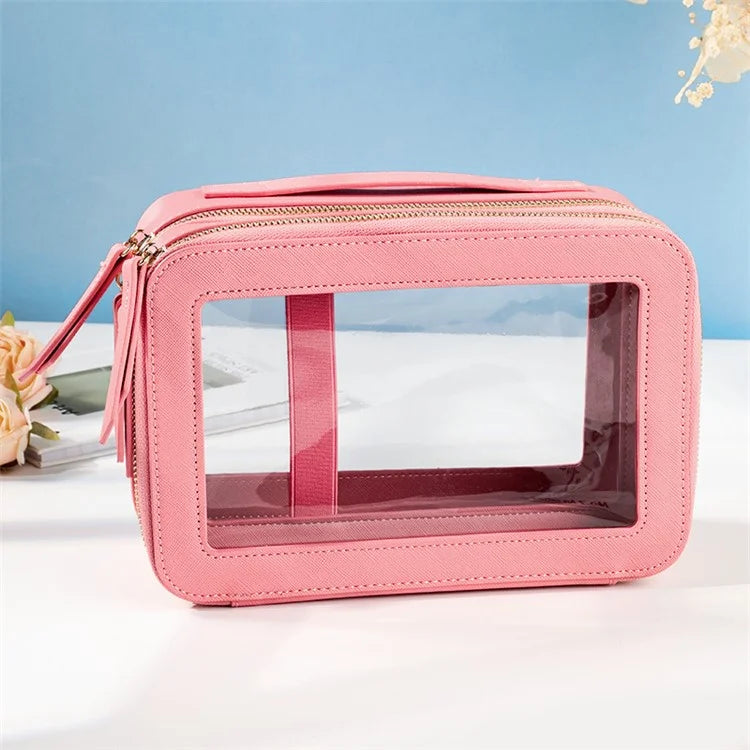 Travel Transparent PVC Double Layer Waterproof PU Leather Cosmetic Bag