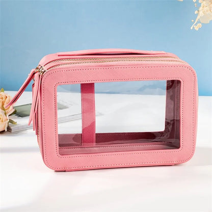 Travel Transparent PVC Double Layer Waterproof PU Leather Cosmetic Bag