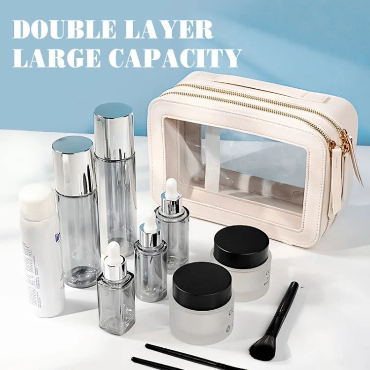 Travel Transparent PVC Double Layer Waterproof PU Leather Cosmetic Bag