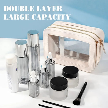 Travel Transparent PVC Double Layer Waterproof PU Leather Cosmetic Bag