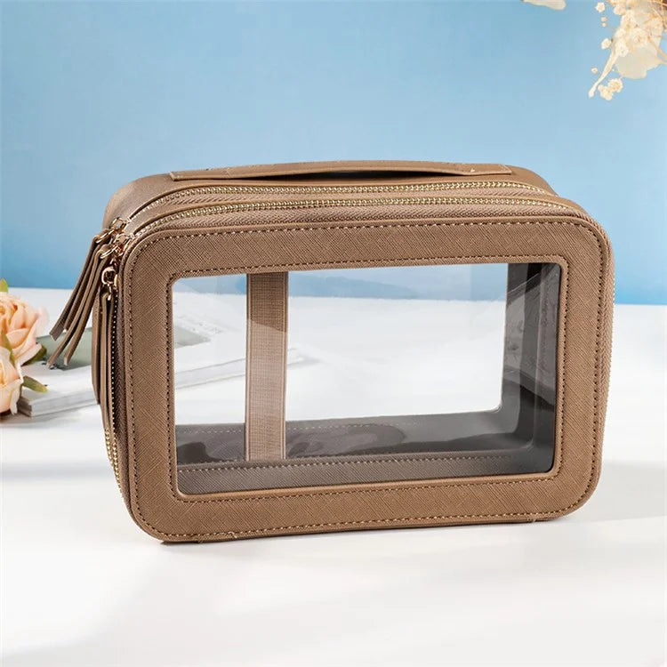 Travel Transparent PVC Double Layer Waterproof PU Leather Cosmetic Bag