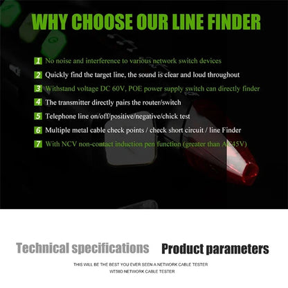 MESTEK WT58D Multifunction RJ45 RJ11 Network Cable Tester Electric Wire Line Finder Tracker