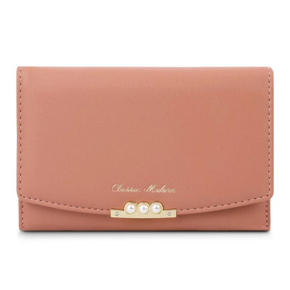 TAILIAN T6223-013 Faux Pearl Decor Women PU Leather Tri-fold Wallet Zipper Coin Purse