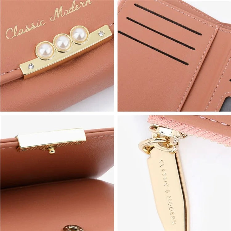 TAILIAN T6223-013 Faux Pearl Decor Women PU Leather Tri-fold Wallet Zipper Coin Purse