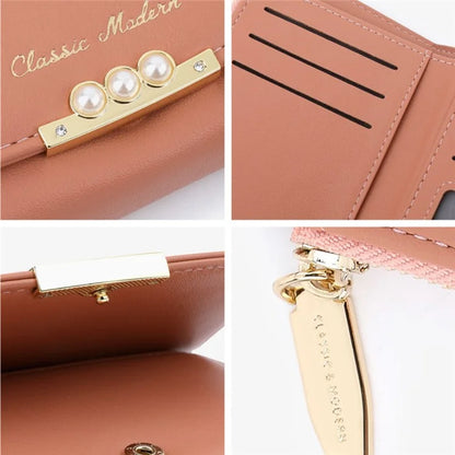 TAILIAN T6223-013 Faux Pearl Decor Women PU Leather Tri-fold Wallet Zipper Coin Purse