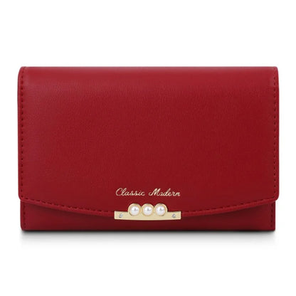 TAILIAN T6223-013 Faux Pearl Decor Women PU Leather Tri-fold Wallet Zipper Coin Purse