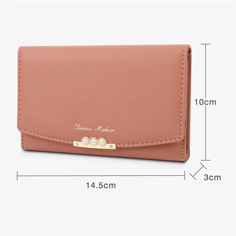 TAILIAN T6223-013 Faux Pearl Decor Women PU Leather Tri-fold Wallet Zipper Coin Purse