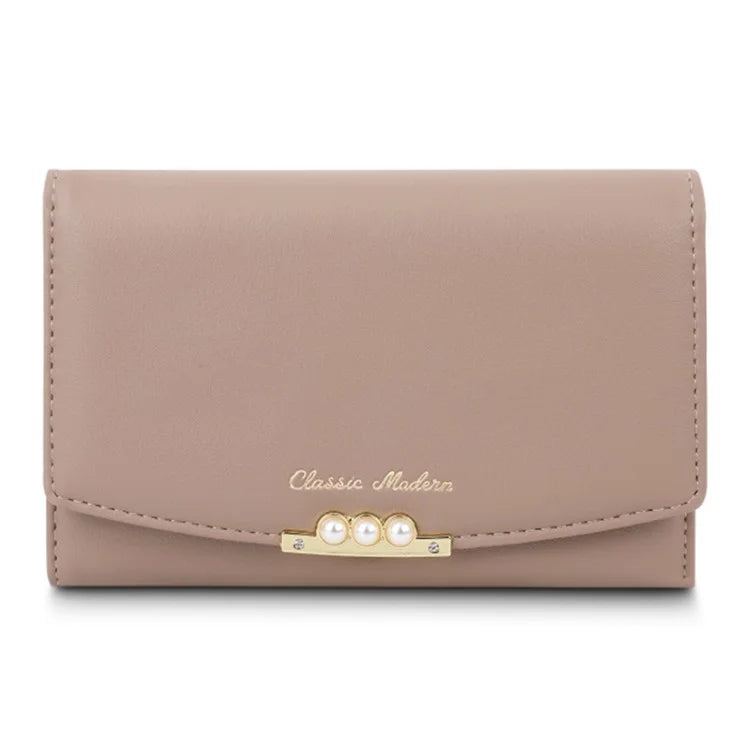 TAILIAN T6223-013 Faux Pearl Decor Women PU Leather Tri-fold Wallet Zipper Coin Purse