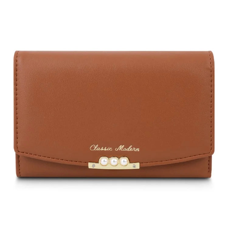 TAILIAN T6223-013 Faux Pearl Decor Women PU Leather Tri-fold Wallet Zipper Coin Purse