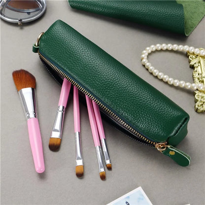 Litchi Texture Cowhide Leather Pencil Case Zipper Stationery Storage Pouch