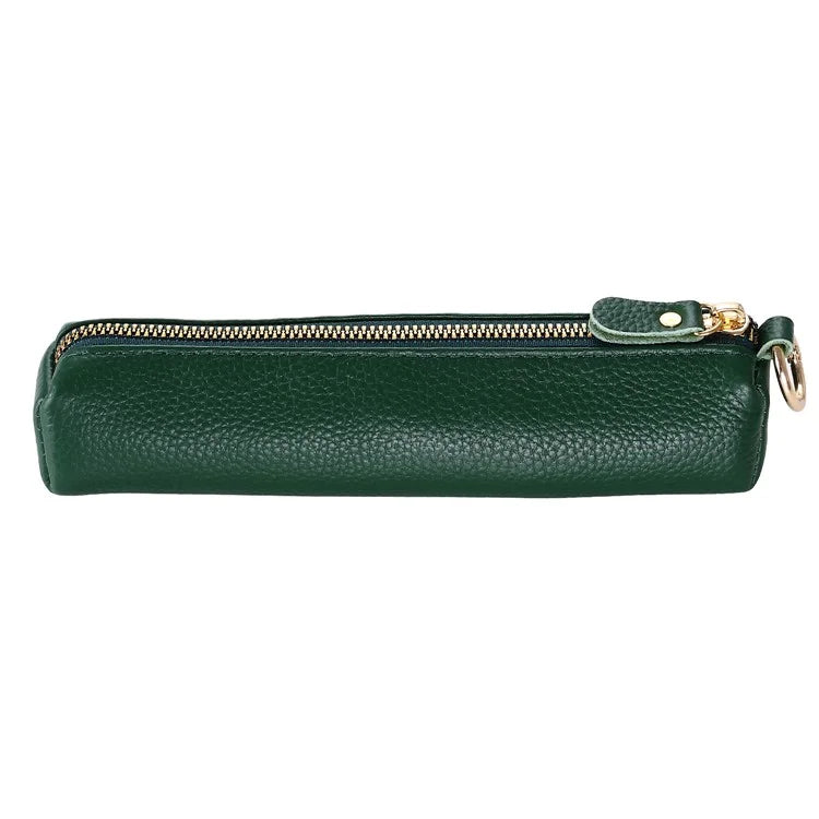 Litchi Texture Cowhide Leather Pencil Case Zipper Stationery Storage Pouch