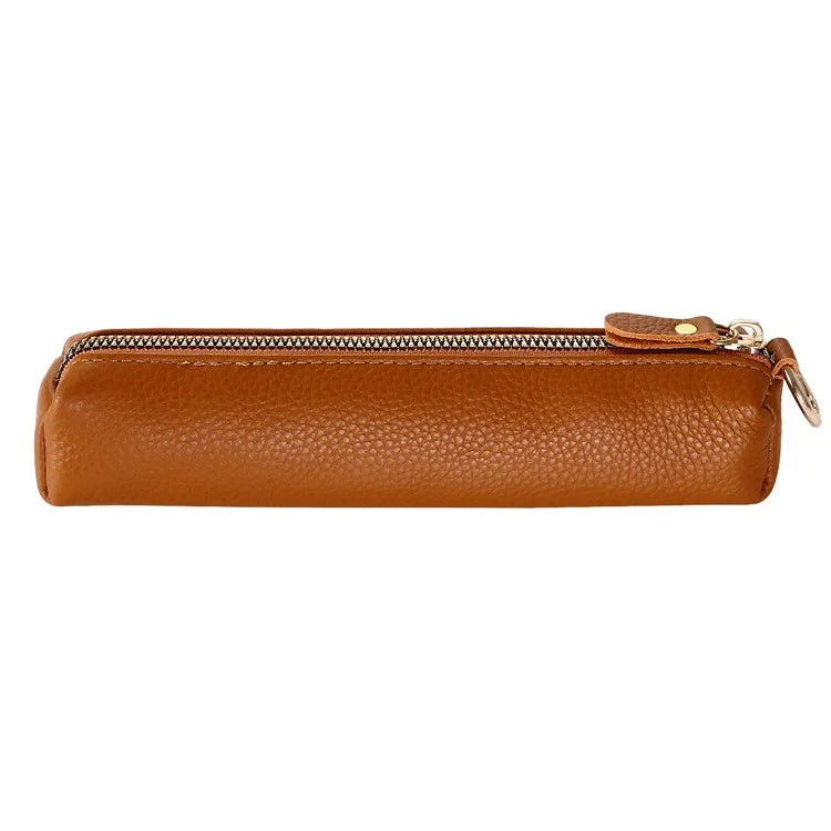 Litchi Texture Cowhide Leather Pencil Case Zipper Stationery Storage Pouch