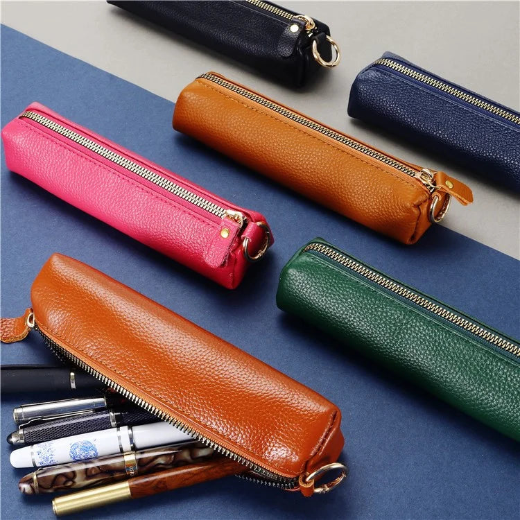 Litchi Texture Cowhide Leather Pencil Case Zipper Stationery Storage Pouch