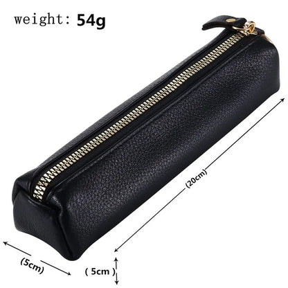 Litchi Texture Cowhide Leather Pencil Case Zipper Stationery Storage Pouch