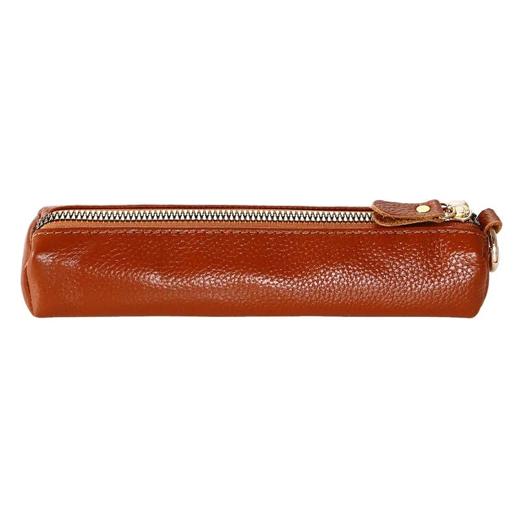 Litchi Texture Cowhide Leather Pencil Case Zipper Stationery Storage Pouch