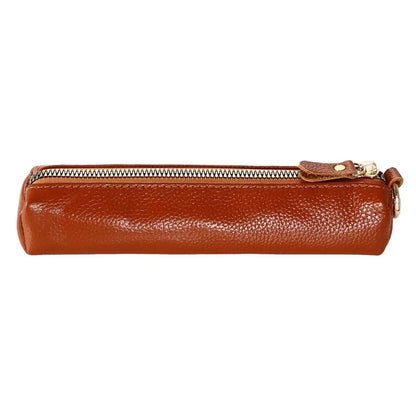 Litchi Texture Cowhide Leather Pencil Case Zipper Stationery Storage Pouch