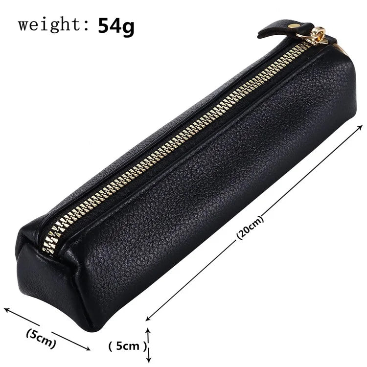 Litchi Texture Cowhide Leather Pencil Case Zipper Stationery Storage Pouch