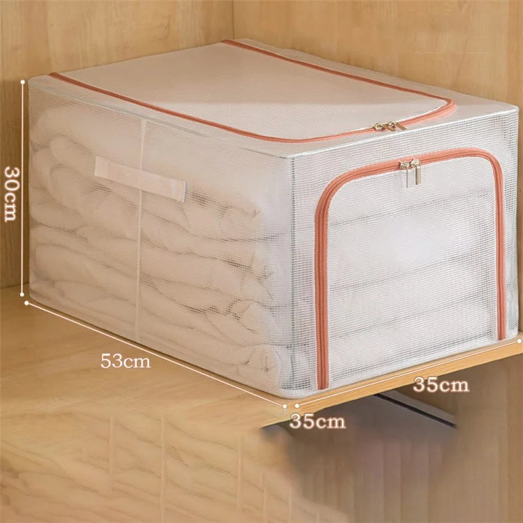 55L Storage Box Transparent PVC Metal Frame Organizer for Clothes Blankets Bedding