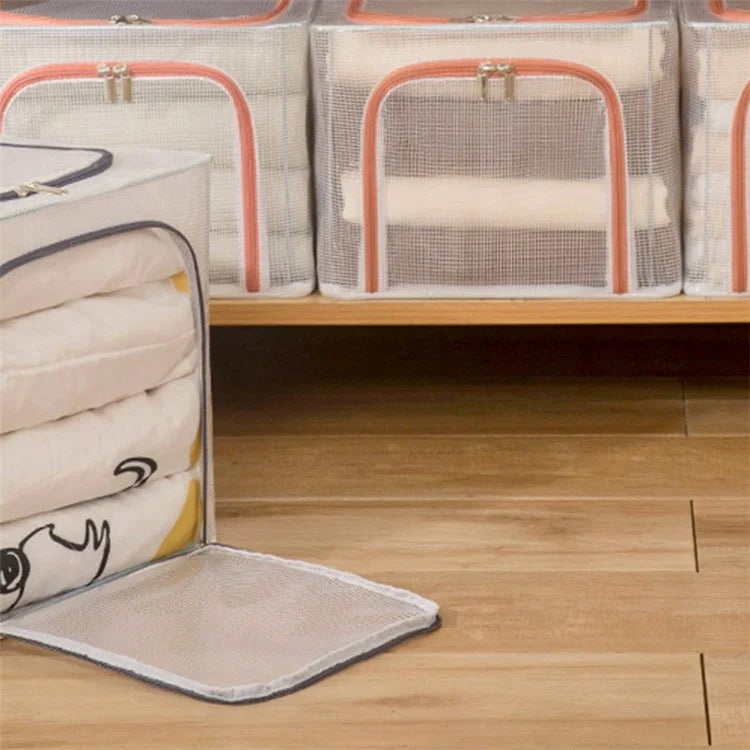 55L Storage Box Transparent PVC Metal Frame Organizer for Clothes Blankets Bedding