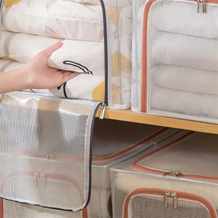 55L Storage Box Transparent PVC Metal Frame Organizer for Clothes Blankets Bedding