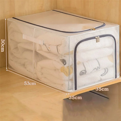 55L Storage Box Transparent PVC Metal Frame Organizer for Clothes Blankets Bedding