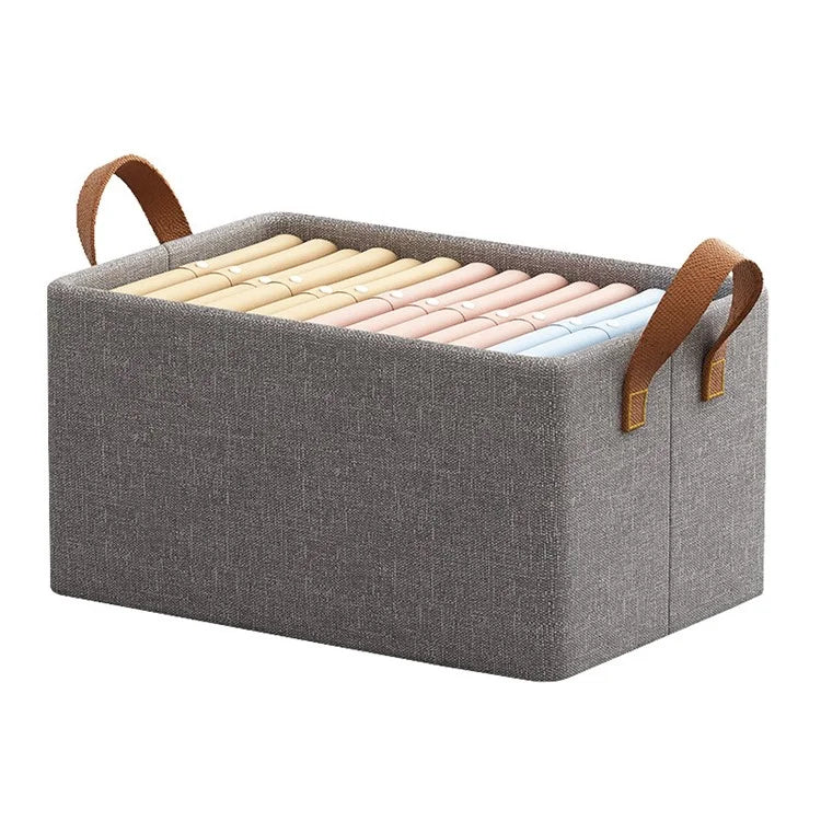 70L Imitation Linen Storage Box Wardrobe Foldable Organizer with Metal Frame