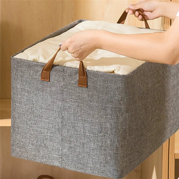 70L Imitation Linen Storage Box Wardrobe Foldable Organizer with Metal Frame