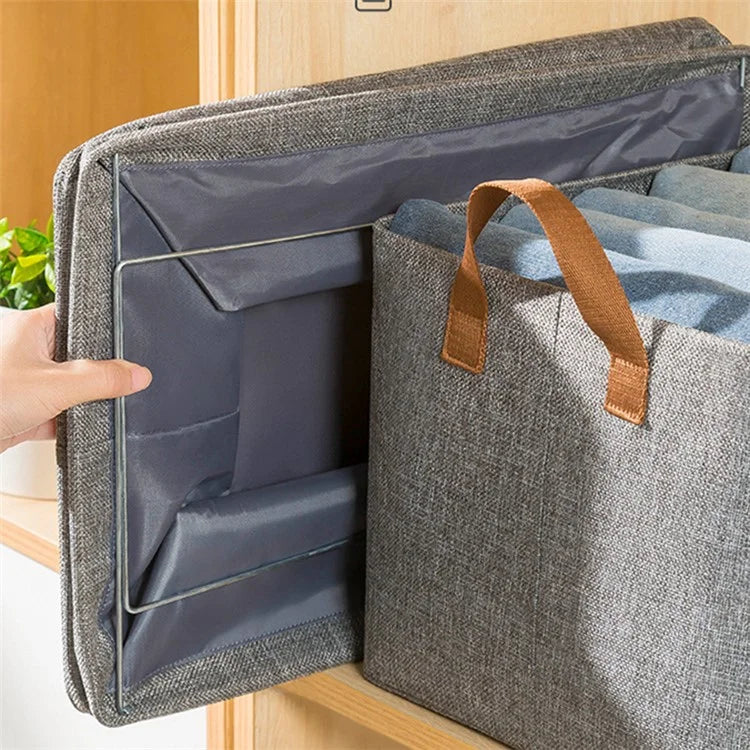 70L Imitation Linen Storage Box Wardrobe Foldable Organizer with Metal Frame