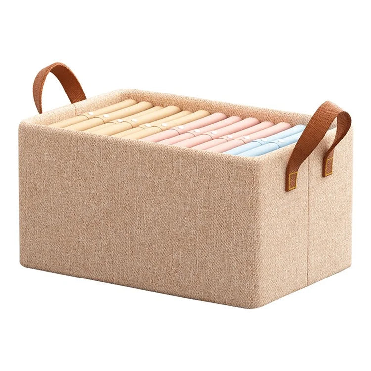 70L Imitation Linen Storage Box Wardrobe Foldable Organizer with Metal Frame