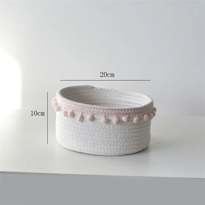Woven Cotton Rope Storage Basket Desktop Storage Holder with Pompom Tassel