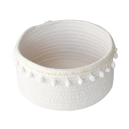 Woven Cotton Rope Storage Basket Desktop Storage Holder with Pompom Tassel