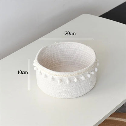 Woven Cotton Rope Storage Basket Desktop Storage Holder with Pompom Tassel