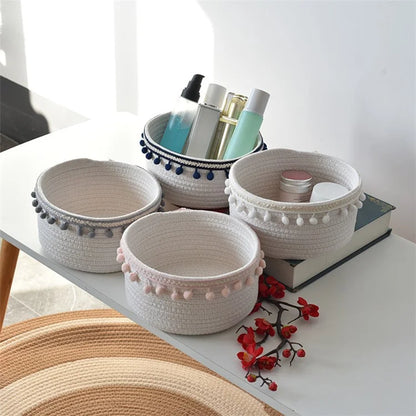 Woven Cotton Rope Storage Basket Desktop Storage Holder with Pompom Tassel